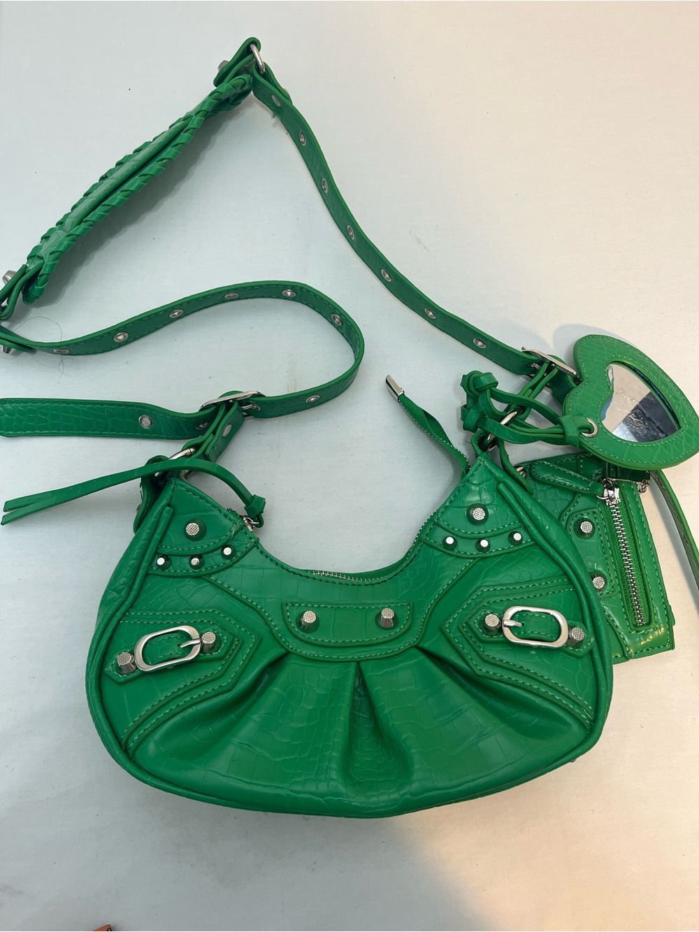 Source Unknown Green Studded Crossbody Bag with Heart Mirror Charm